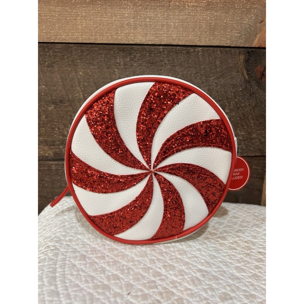 Bath & Body Works Peppermint Glitter Swirl Round Zippered Crossbody Bag Purse